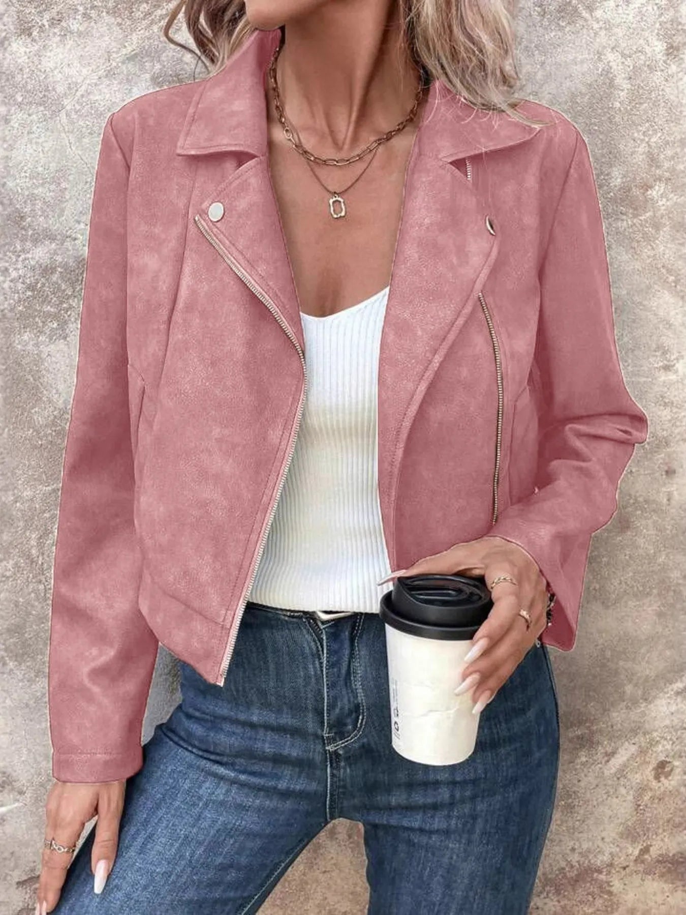 Zip Up Suede Cropped Moto Jacket Pink - Fashorio