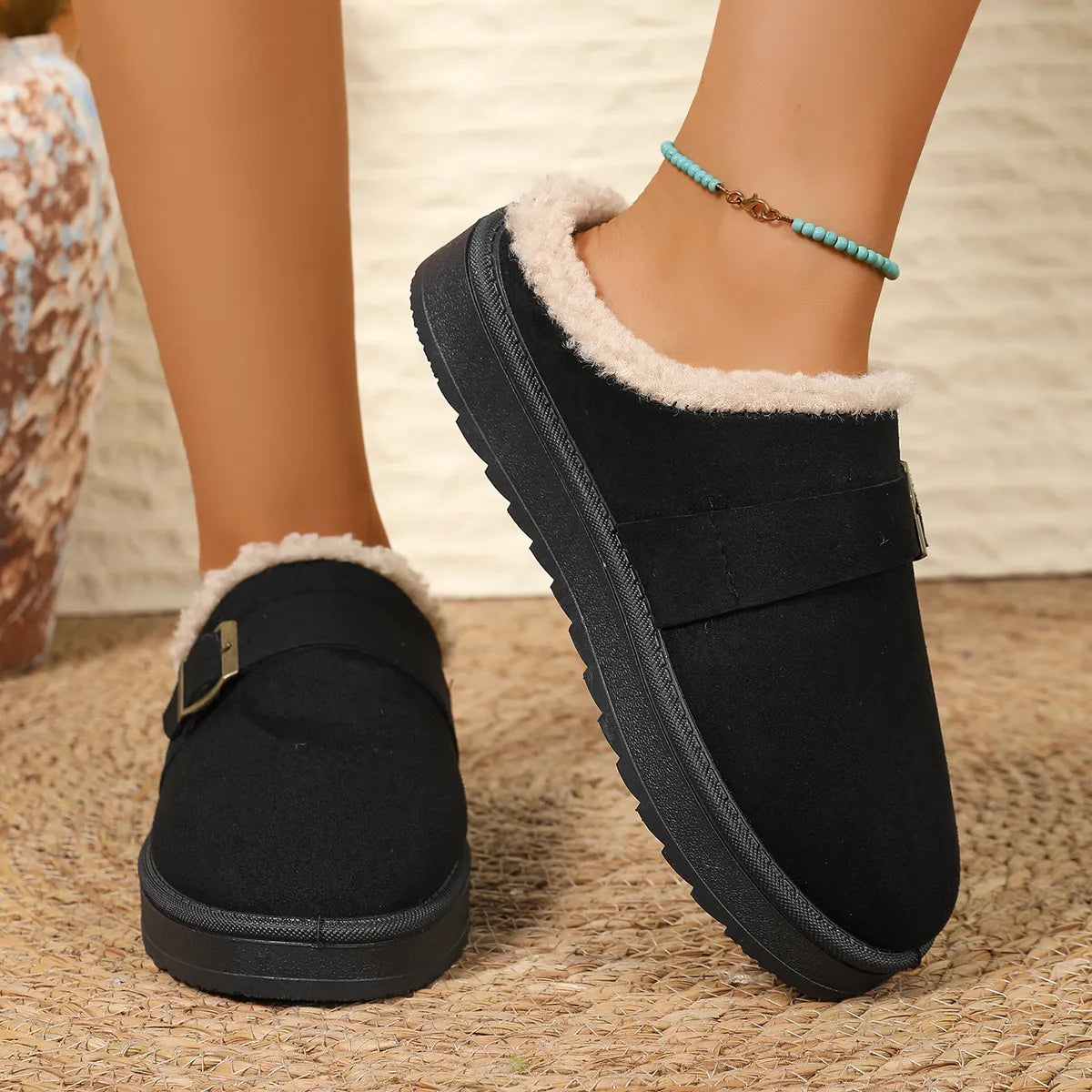 Round Toe Platform Slippers Black - Fashorio