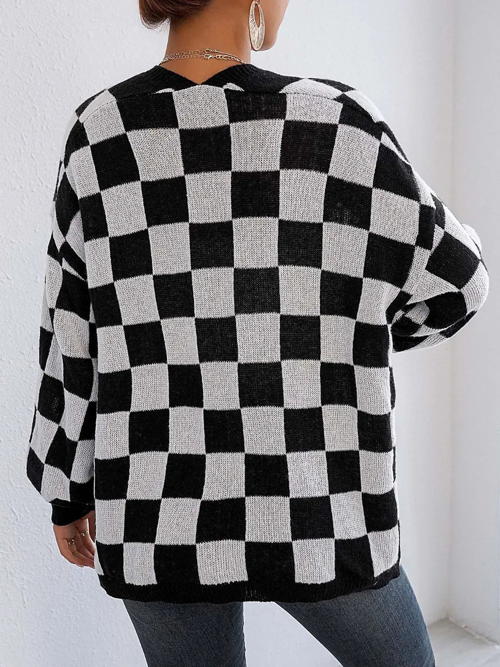 Checkered Open Front Long Sleeve Cardigan - Fashorio