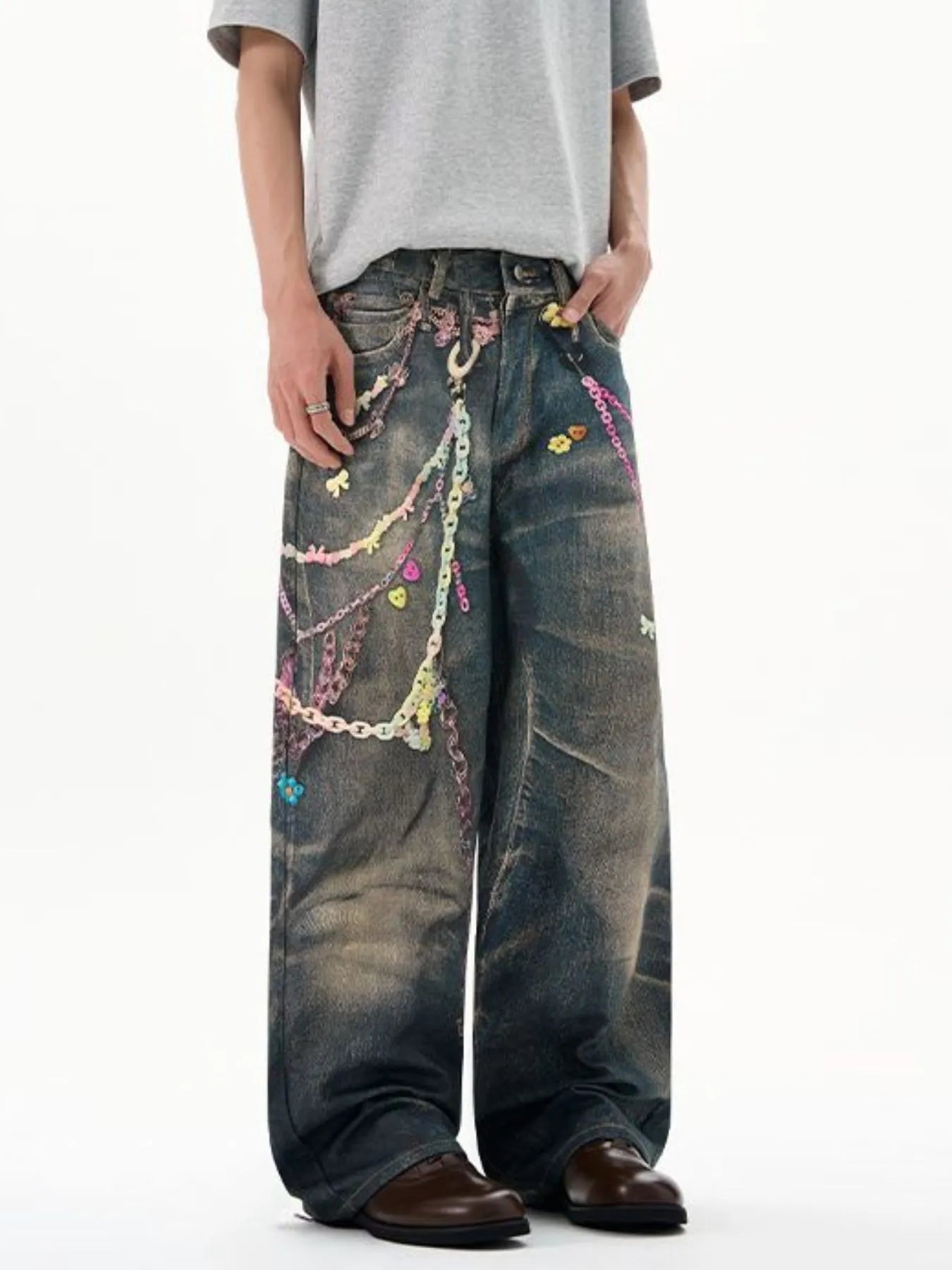 Men's Printed Washed Distressed Wide Leg Jeans Blue - Fashorio