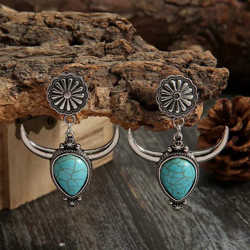 Artificial Turquoise Alloy Cow Head Earrings - Fashorio