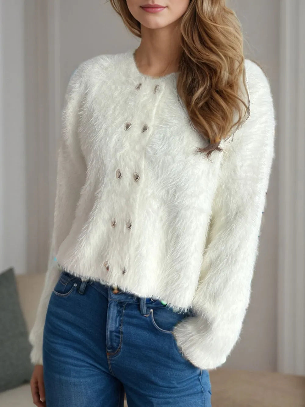 Heart Button Round Neck Cardigan - Fashorio