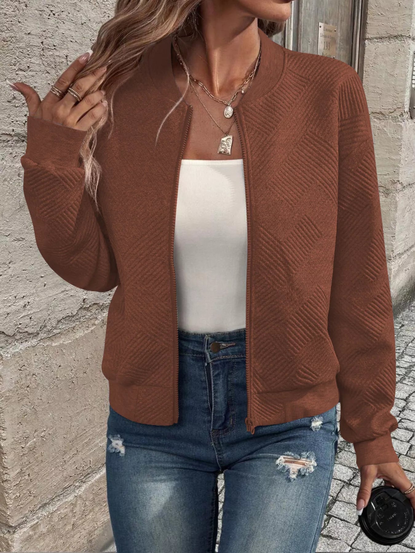 Textured Zip-Up Long Sleeve Jacket for Casual Layering Caramel color - Fashorio