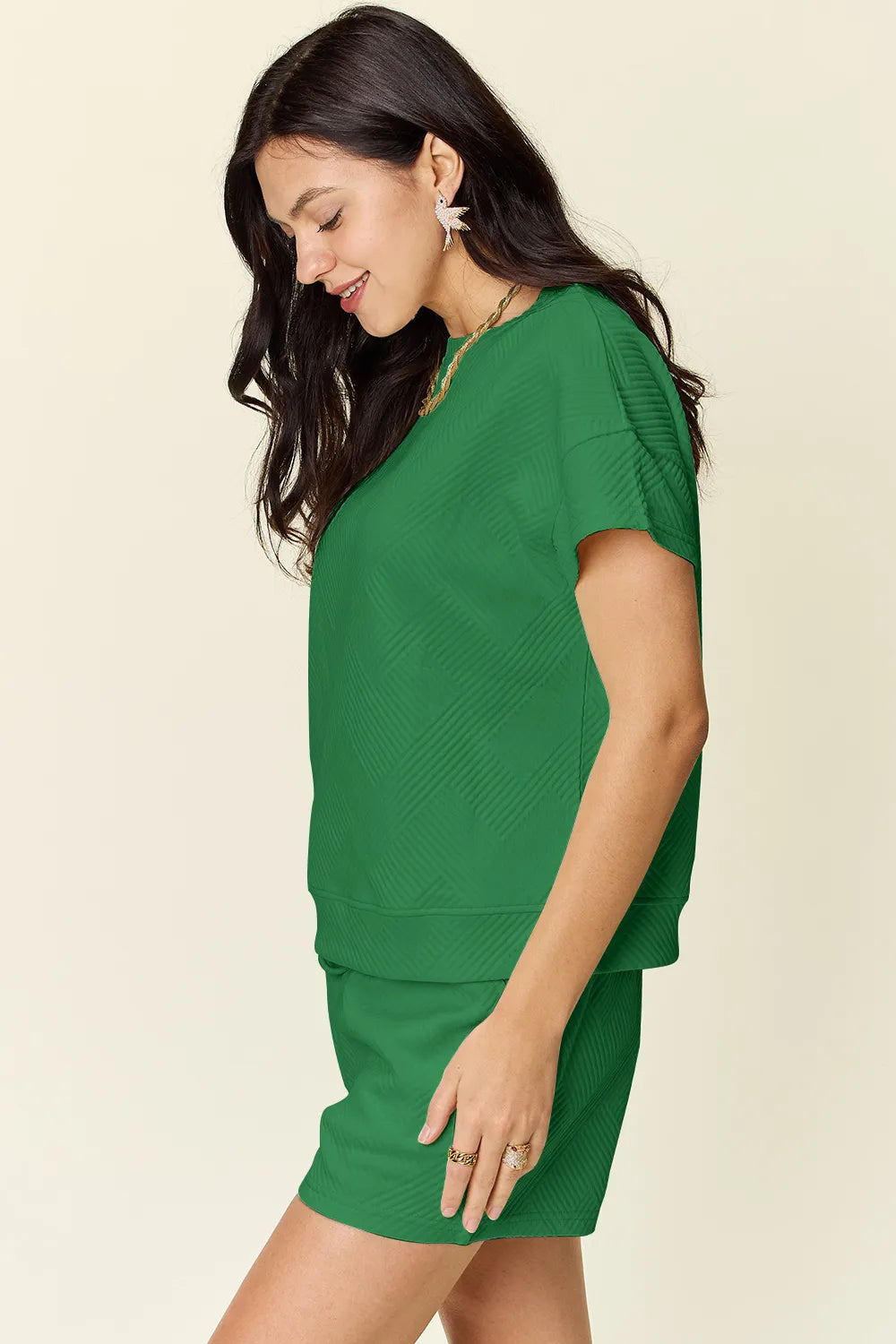 Double Take Full Size Texture Short Sleeve T-Shirt and Drawstring Shorts Set - Fashorio