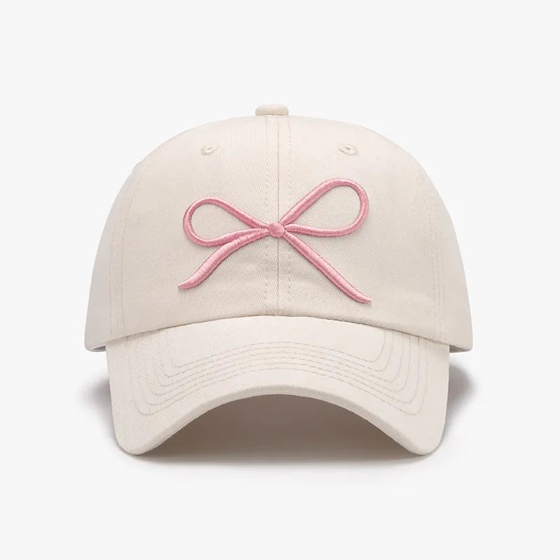 Bow Embroidered Cotton Baseball Cap Ivory One Size - Fashorio