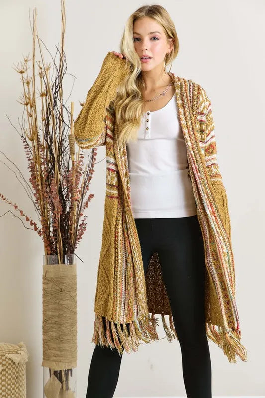 Fringe Hem Aztec Cardigan MUSTARD - Fashorio