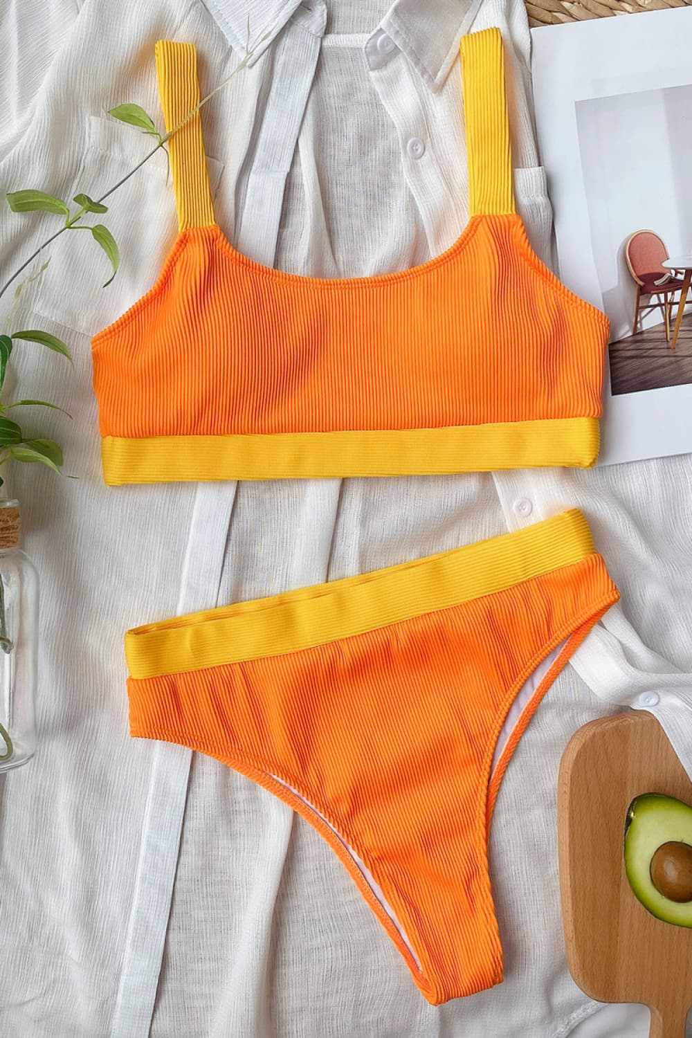 Color Block Scoop Neck Bikini Set Tangerine - Fashorio