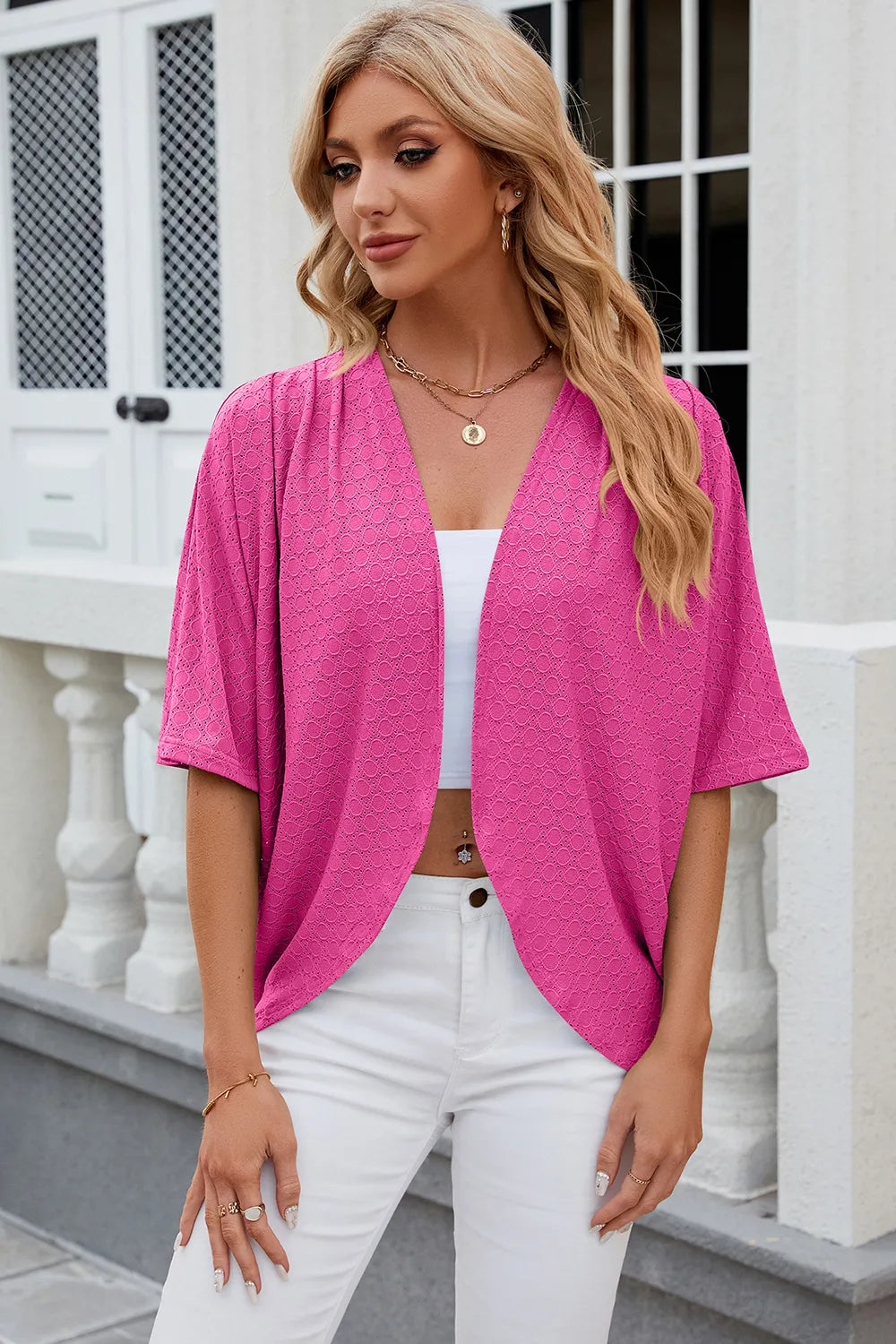Eyelet Open Front Half Sleeve Cardigan - Fashorio