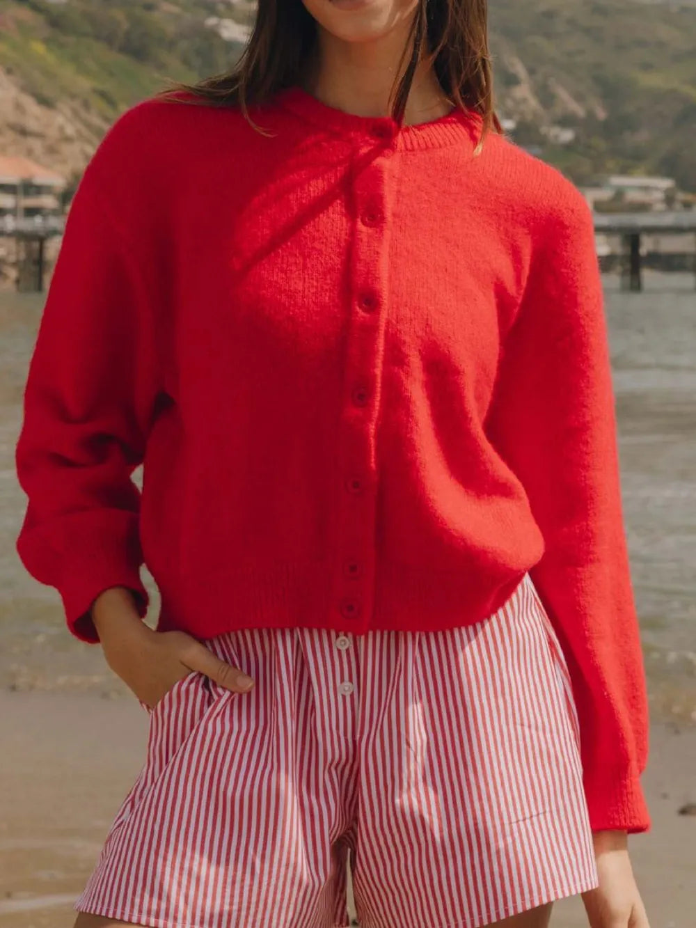 Button Down Long Sleeve Cardigan Deep Red - Fashorio