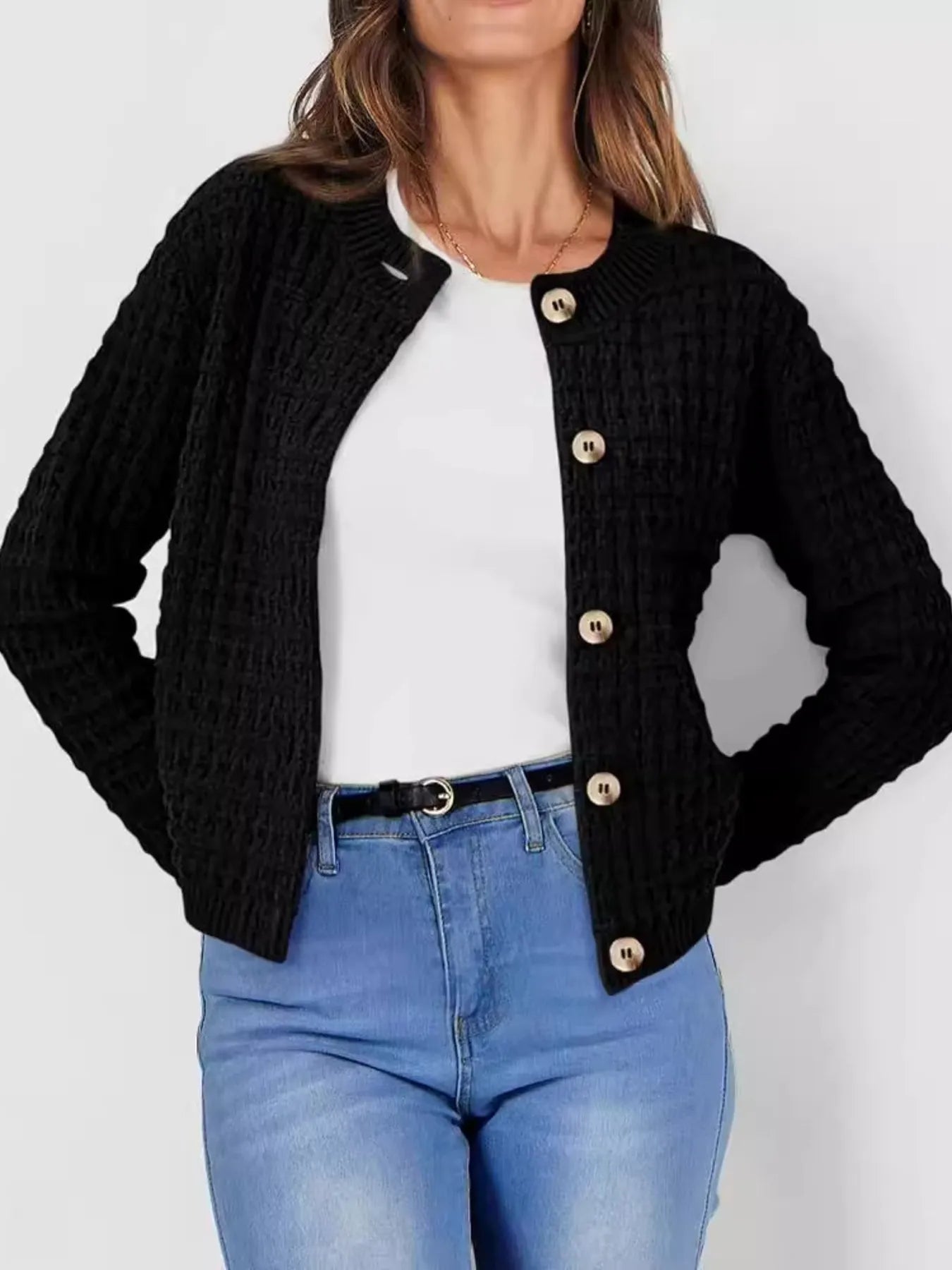 Button-Up Long Sleeve Cardigan Black - Fashorio