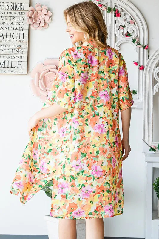 Heimish Full Size Half Sleeve Multi Color Floral Open Cardigan Plus Size - Fashorio