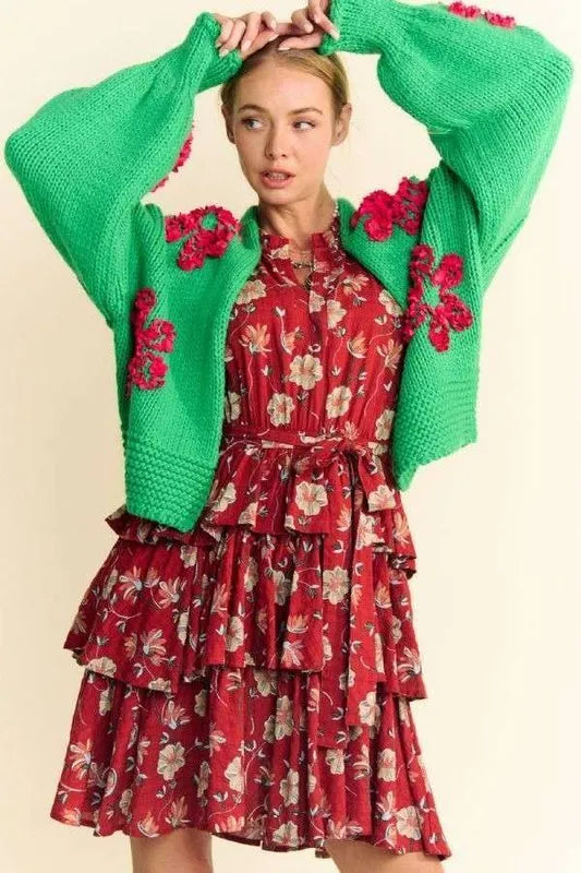 Davi & Dani Floral Applique Open Front Drop Shoulder Cardigan - Fashorio
