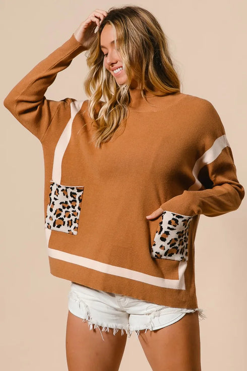 BiBi Mock Neck Sweater with Leopard Pocket - Fashorio
