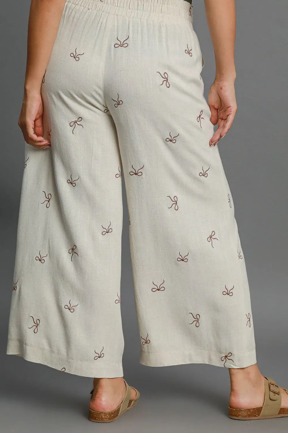 Umgee Full Size Lace Drawstring Embroidered Bow Wide Leg Pants Plus Size - Fashorio