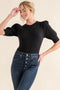 And The Why Puffed Half Sleeve Rib Basic Bodysuit - Fashorio