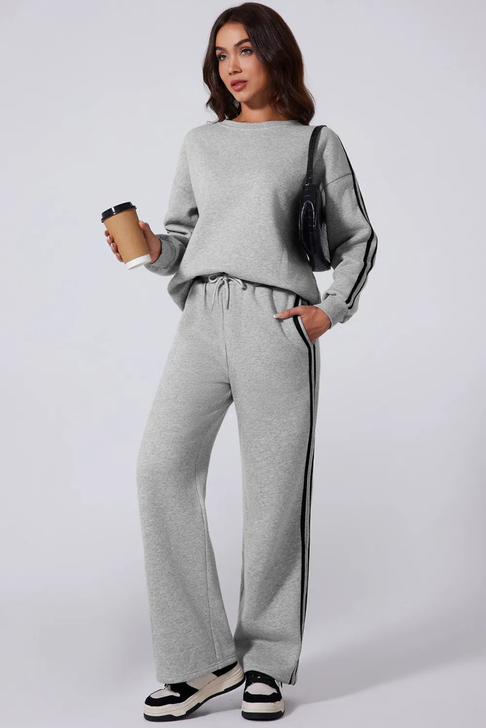 Side Striped Round Neck Top and Pants Active Set - Fashorio