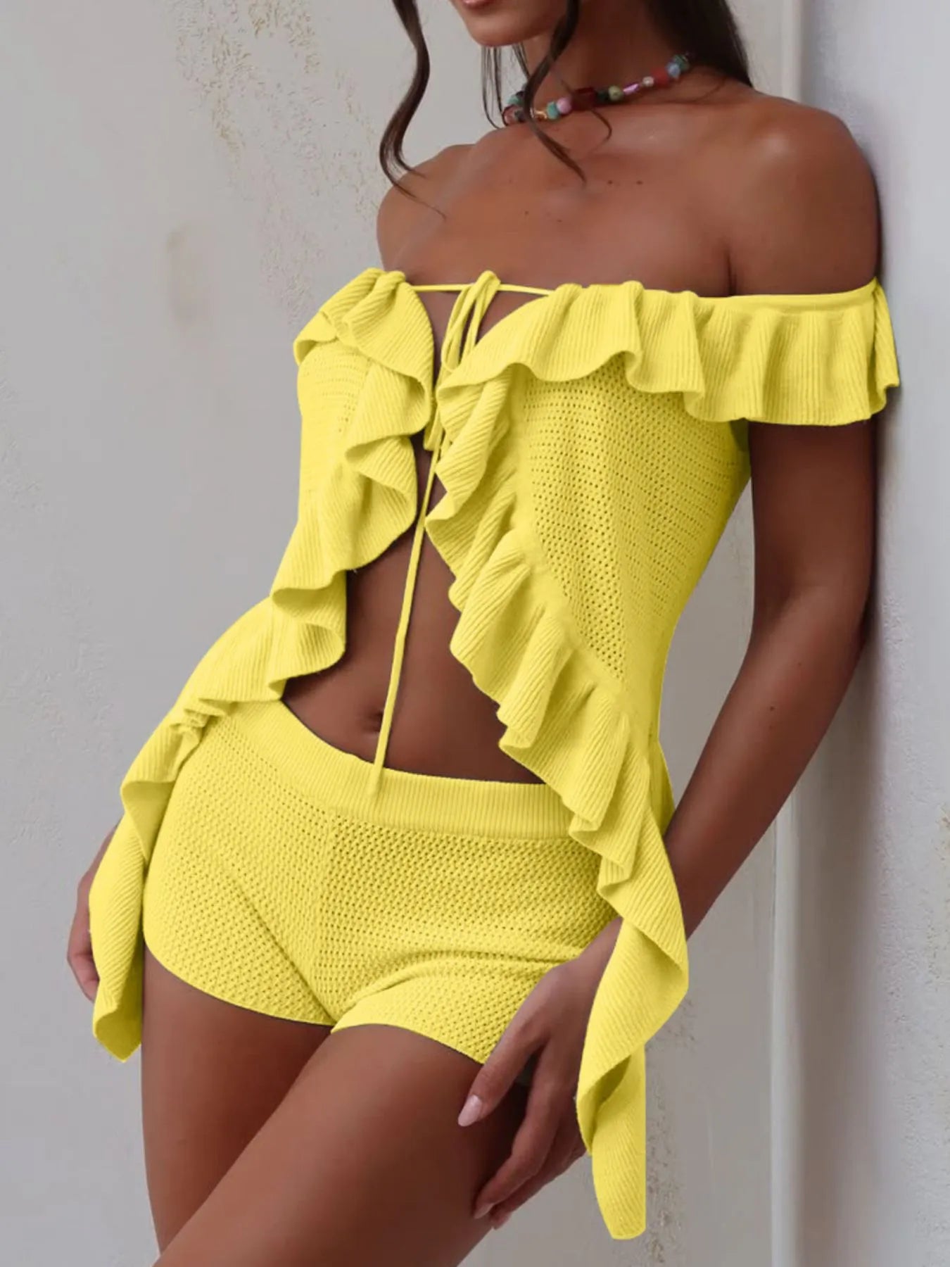 Off-Shoulder Ruffle Top and Shorts Sweater Set Yellow - Fashorio