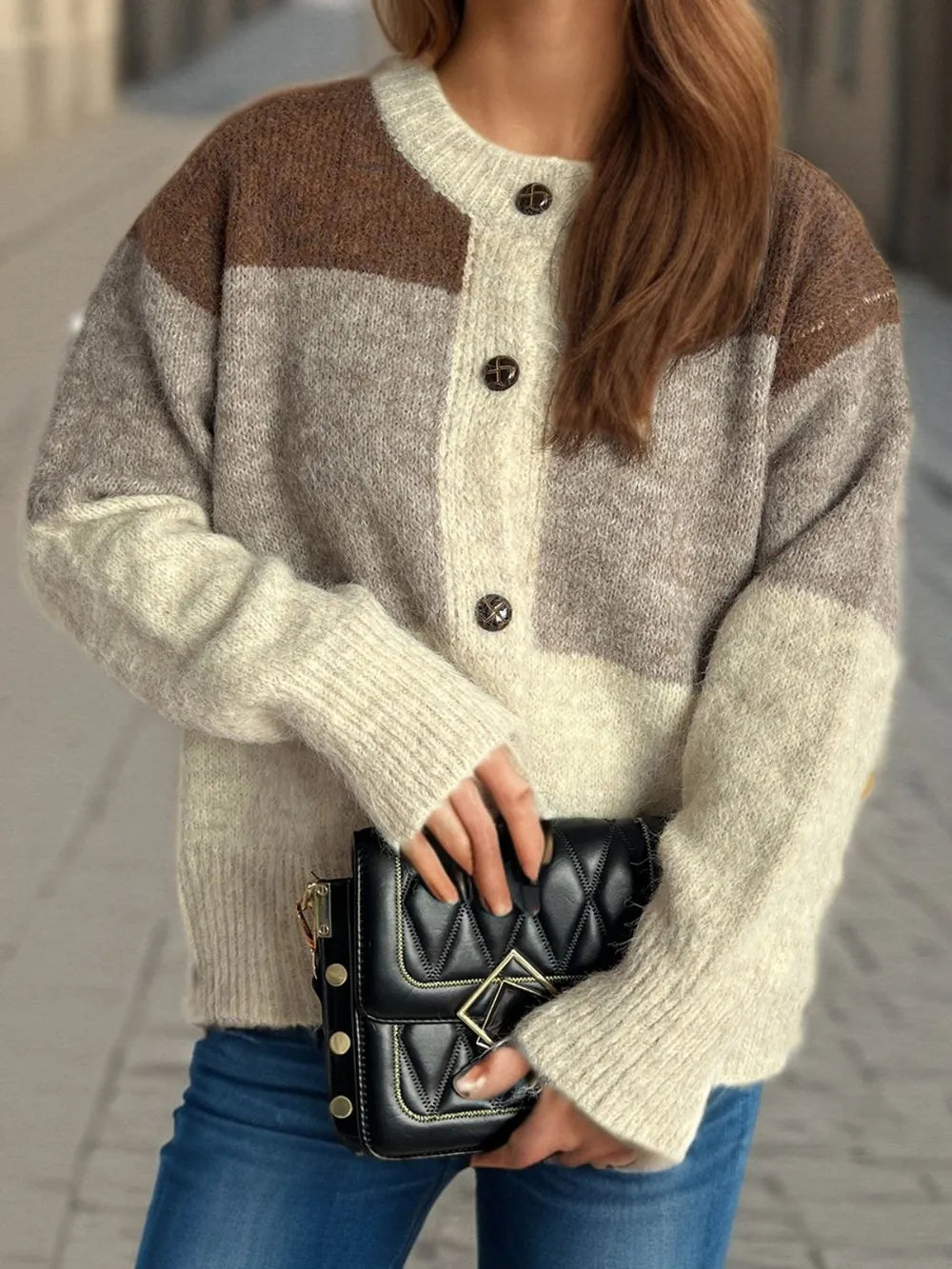 Color Block Round Neck Button Up Cardigan Beige One Size - Fashorio