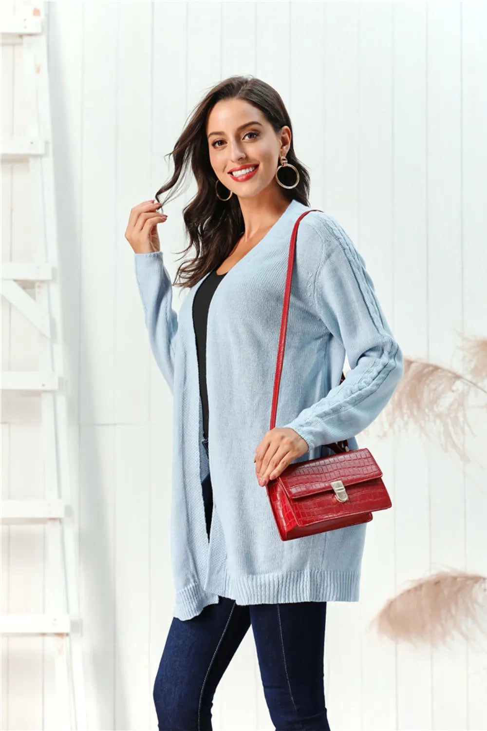 Cable-Knit Open Front Long Sleeve Cardigan - Fashorio