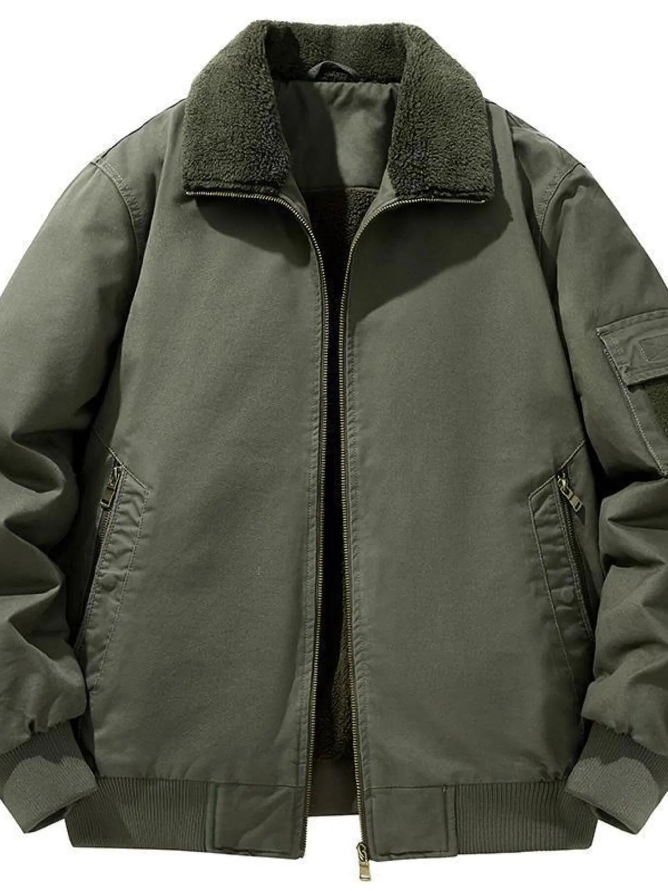 Men's Plus Size Zip Up Long Sleeve Sherpa Jacket Army Green - Fashorio