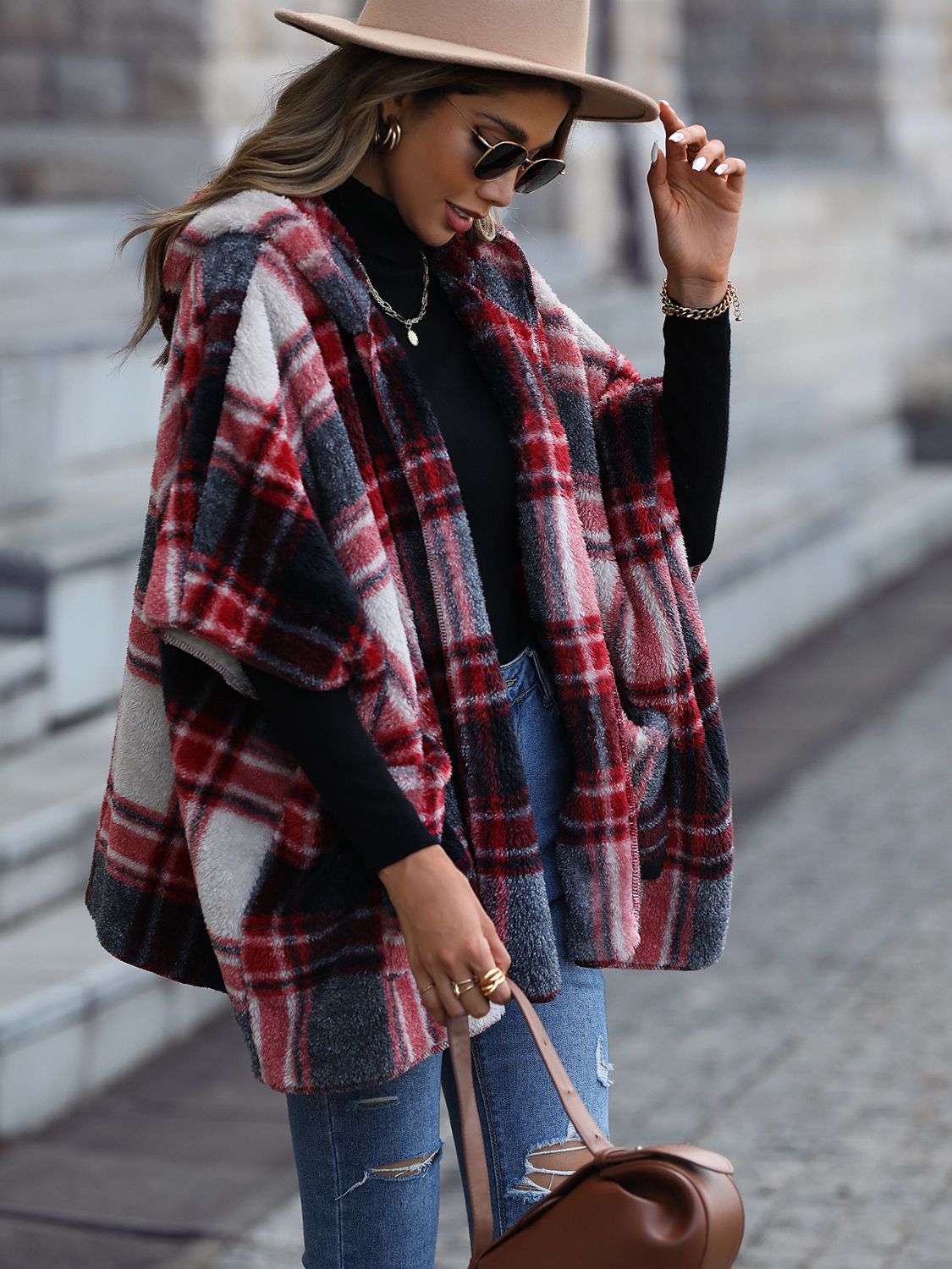 Plaid Hooded Coat with Pockets - Fashorio