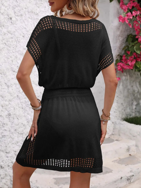 Openwork V-Neck Short Sleeve Cover-Up Dress - Fashorio