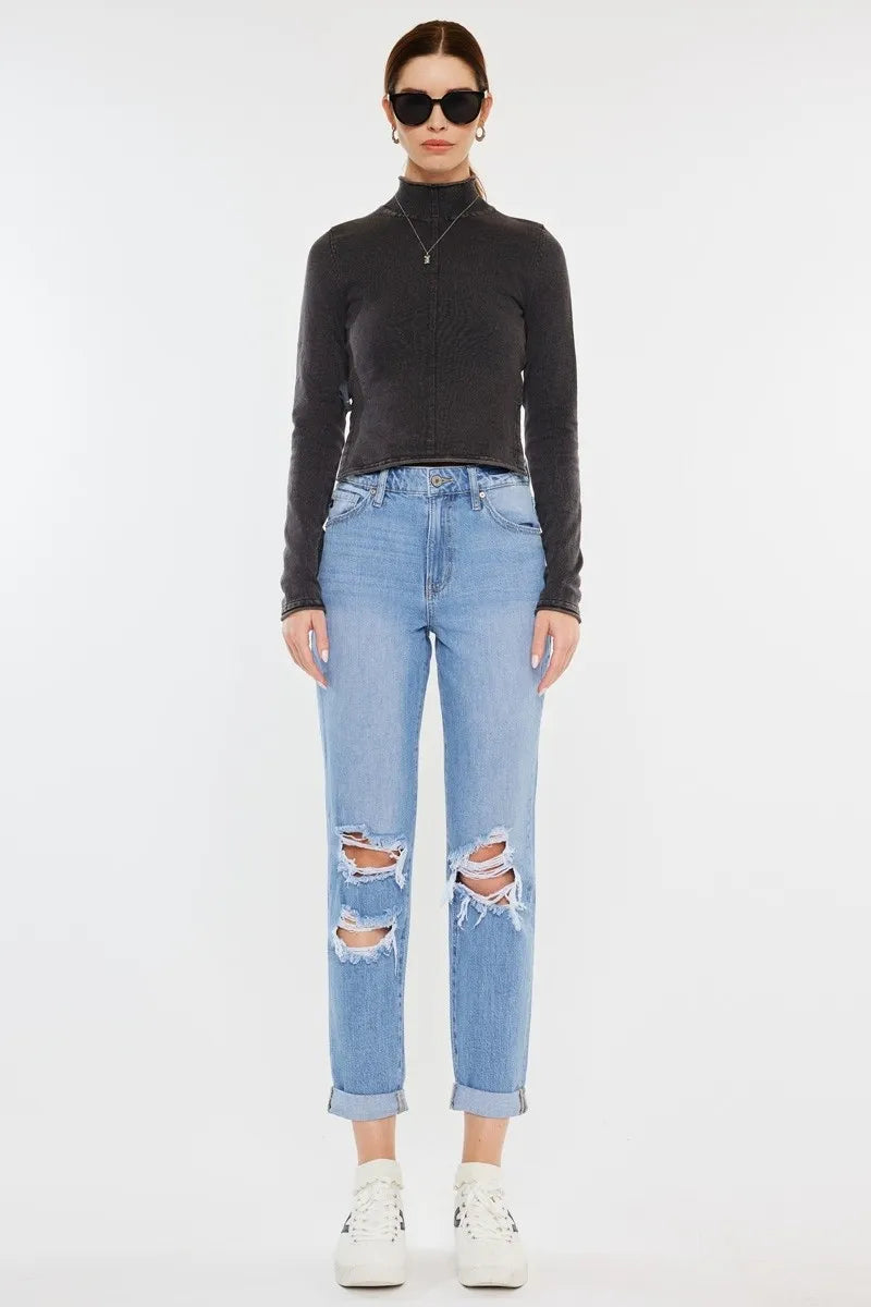 Kancan High Rise Distressed Mom Jeans - Fashorio