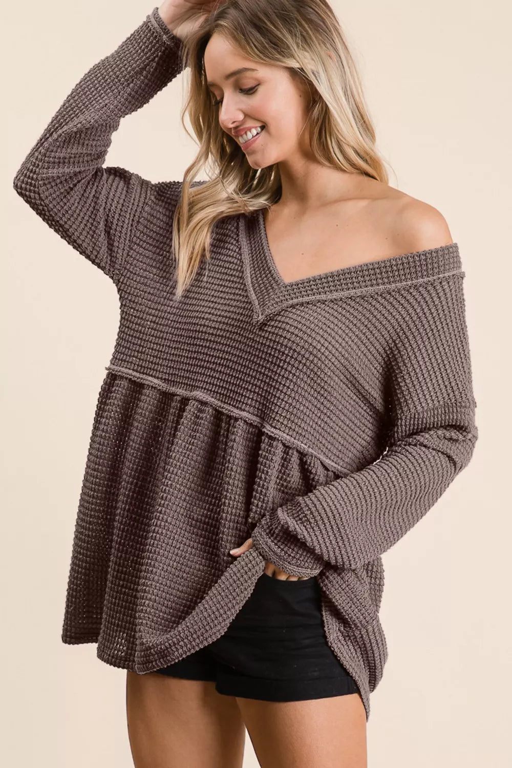 BiBi Waffle Knit V-Neck Babydoll Blouse - Fashorio