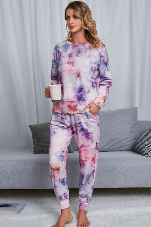 Shiny Tie-Dye Crewneck Top and Drawstring Waist Joggers Lounge Set - Fashorio