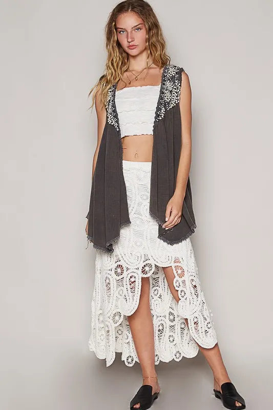 POL Embroidered Pearls Open Front Sleeveless Cardigan - Fashorio