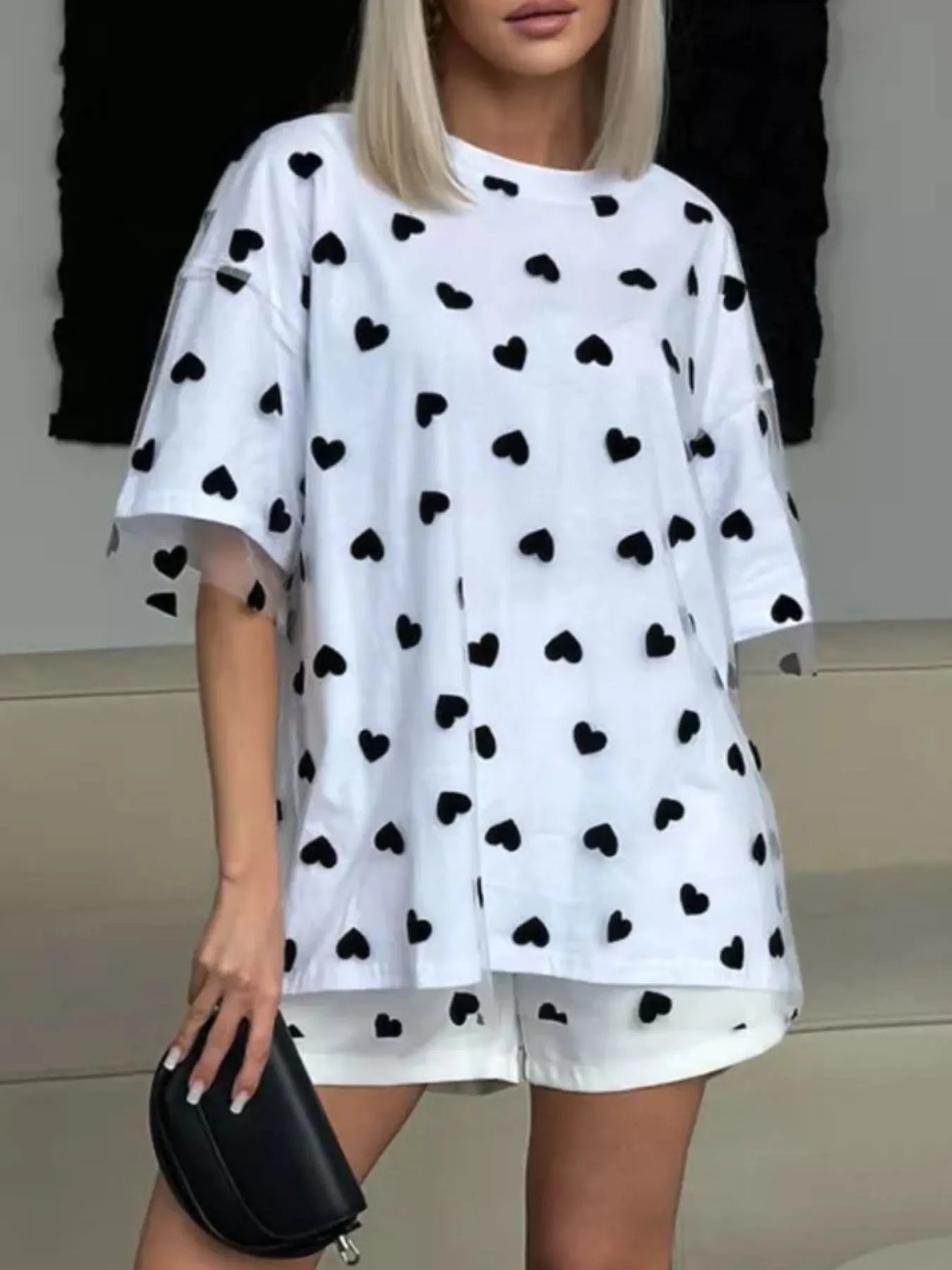 Heart Print Oversized T-Shirt - Fashorio