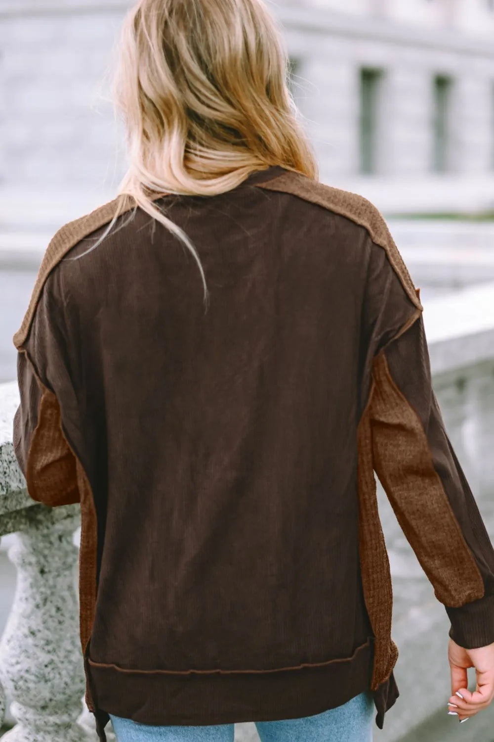 Ribbed Exposed Seam Dropped Shoulder Blouse - Fashorio