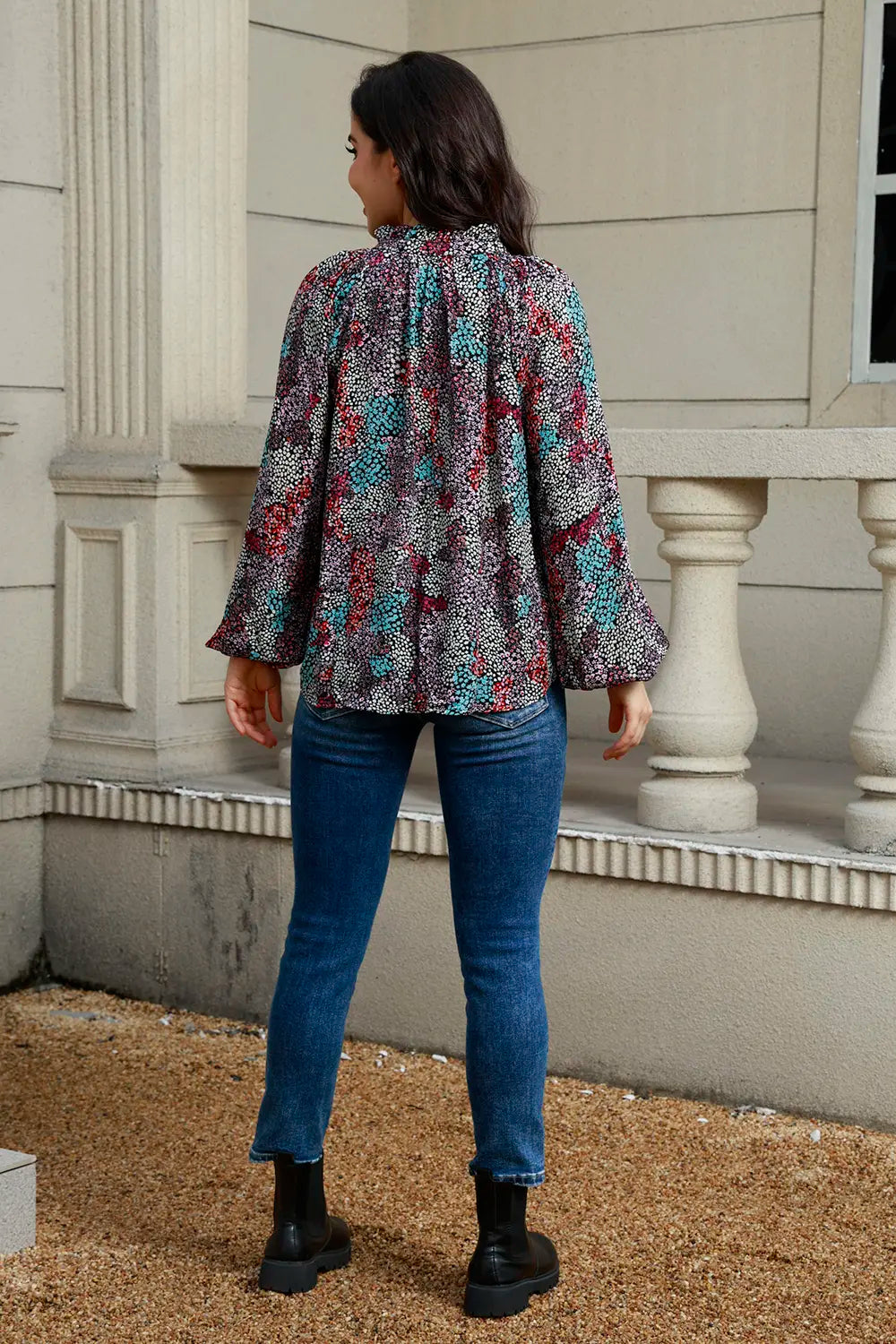 Tie Neck Heathered Balloon Sleeve Blouse - Fashorio