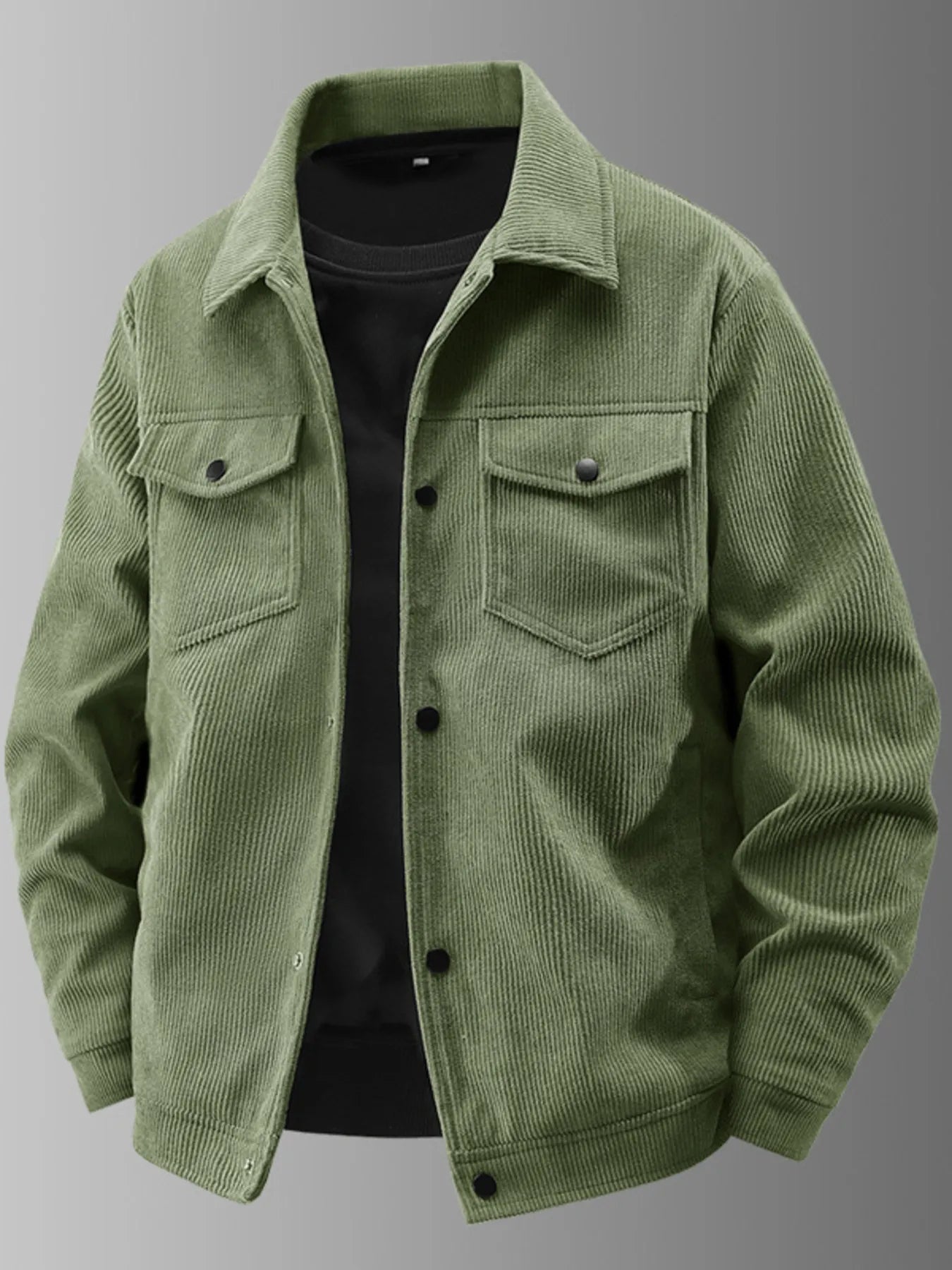 Men's Plus Size Corduroy Button-Up Jacket with Chest Pockets Military Green - Fashorio