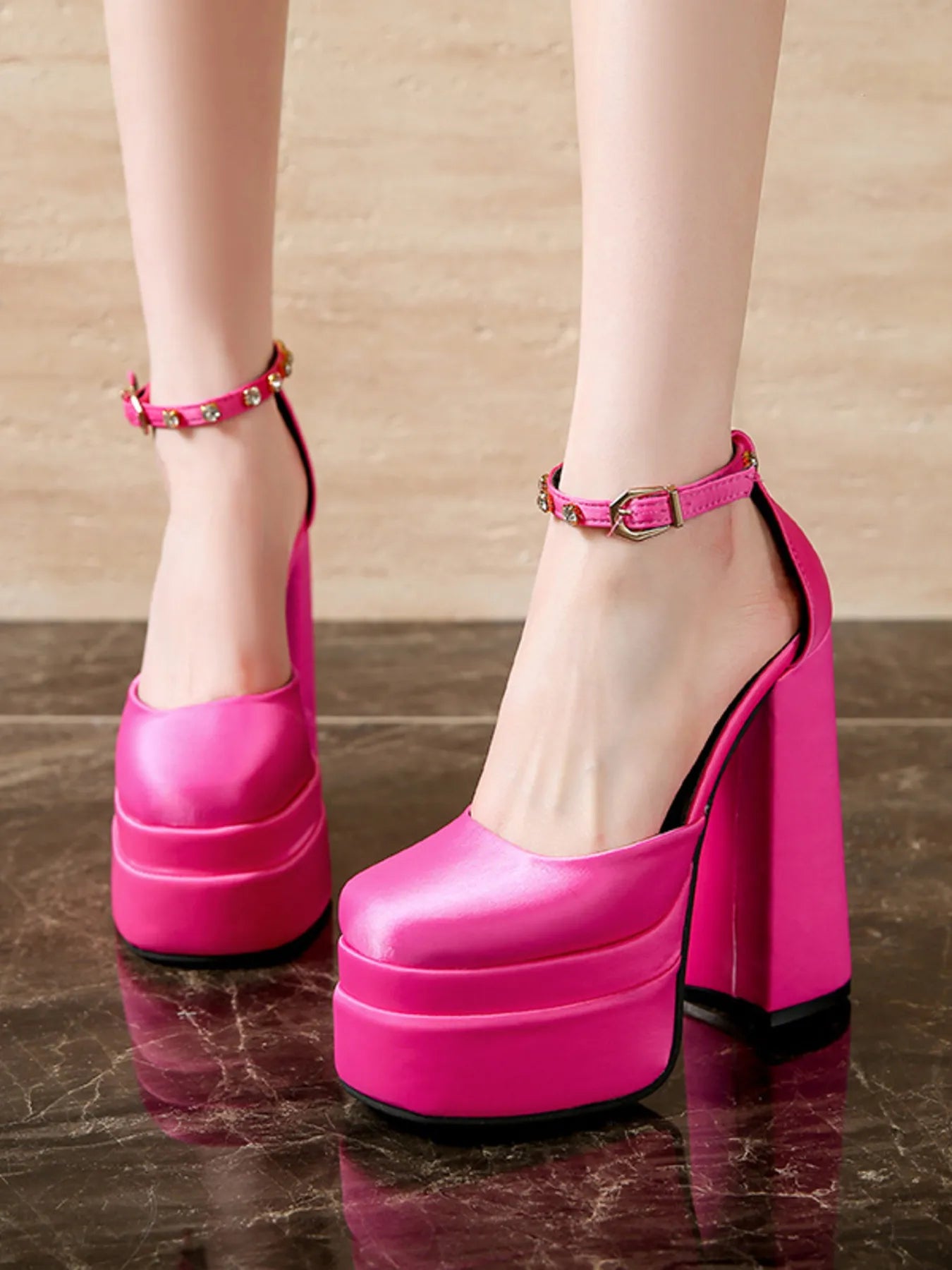 Platform High Heel Ankle Strap Pumps Rose Red - Fashorio