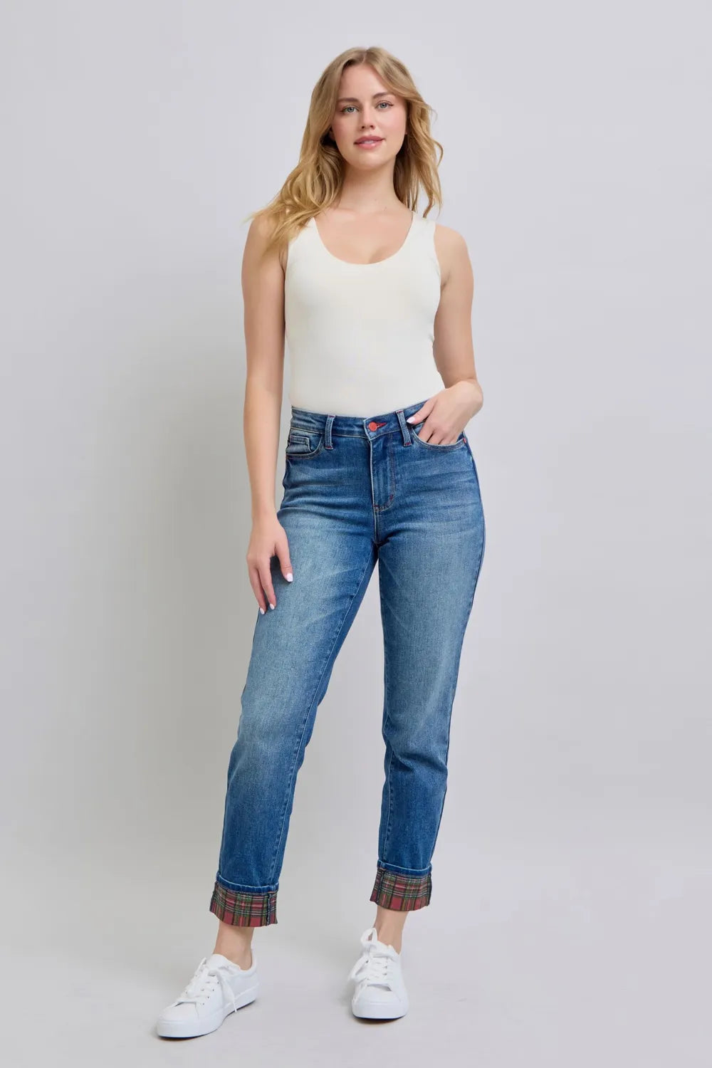 Judy Blue Full Size Plaid Print Cuff Straight Leg Jeans with Pockets Medium - Fashorio