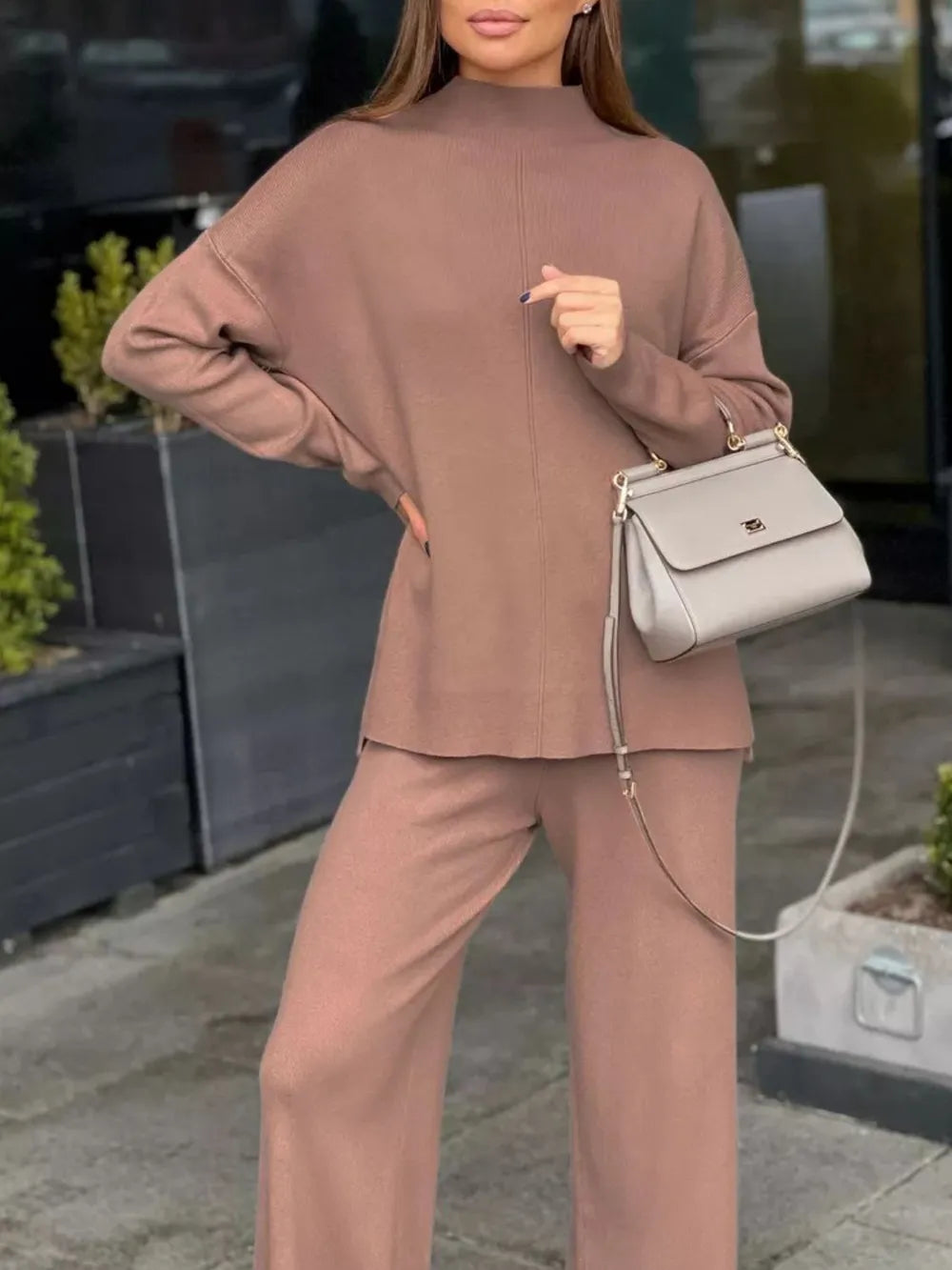 Slit Mock Neck Top and Pants Sweater Set Ochre - Fashorio