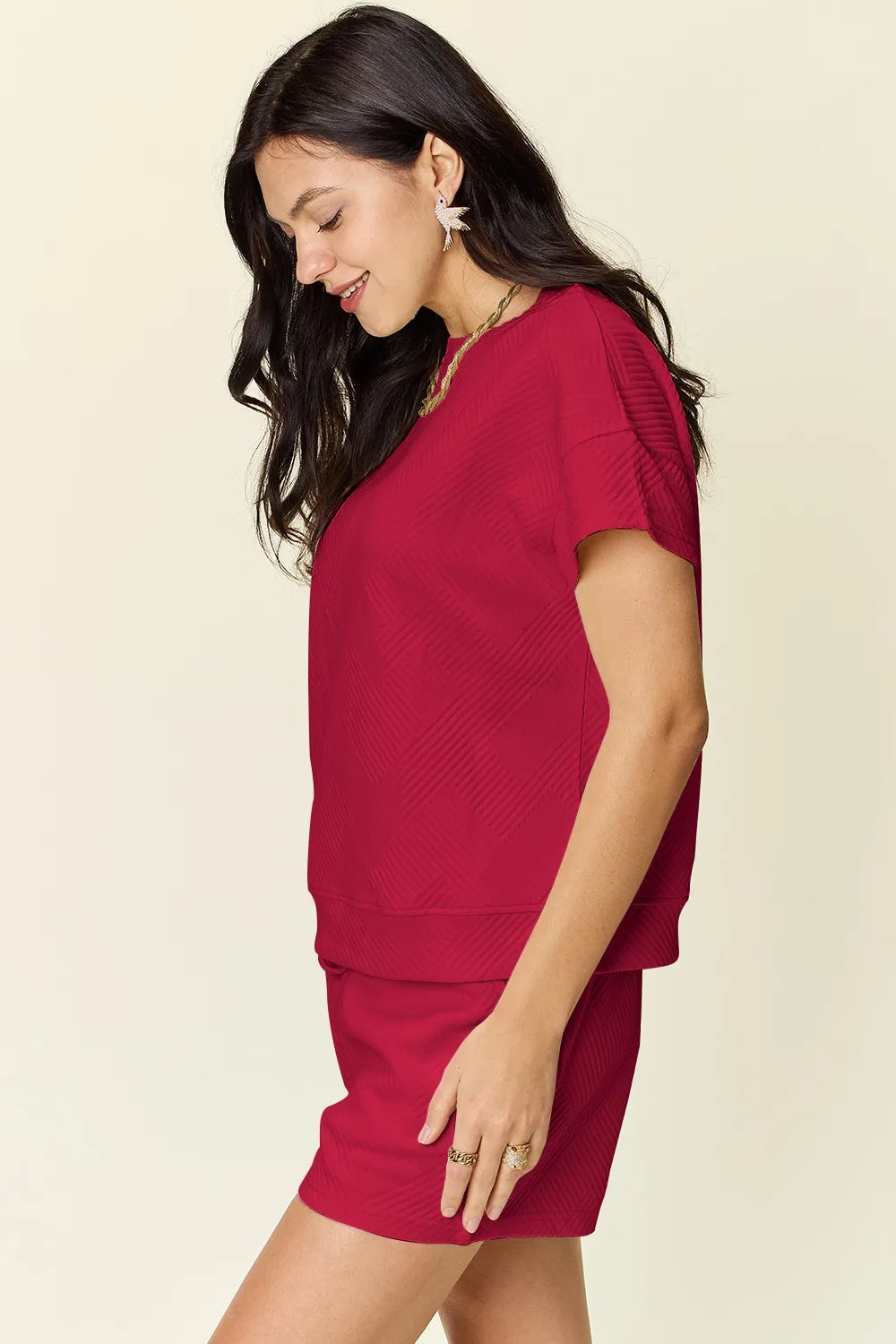 Double Take Full Size Texture Short Sleeve T-Shirt and Drawstring Shorts Set - Fashorio
