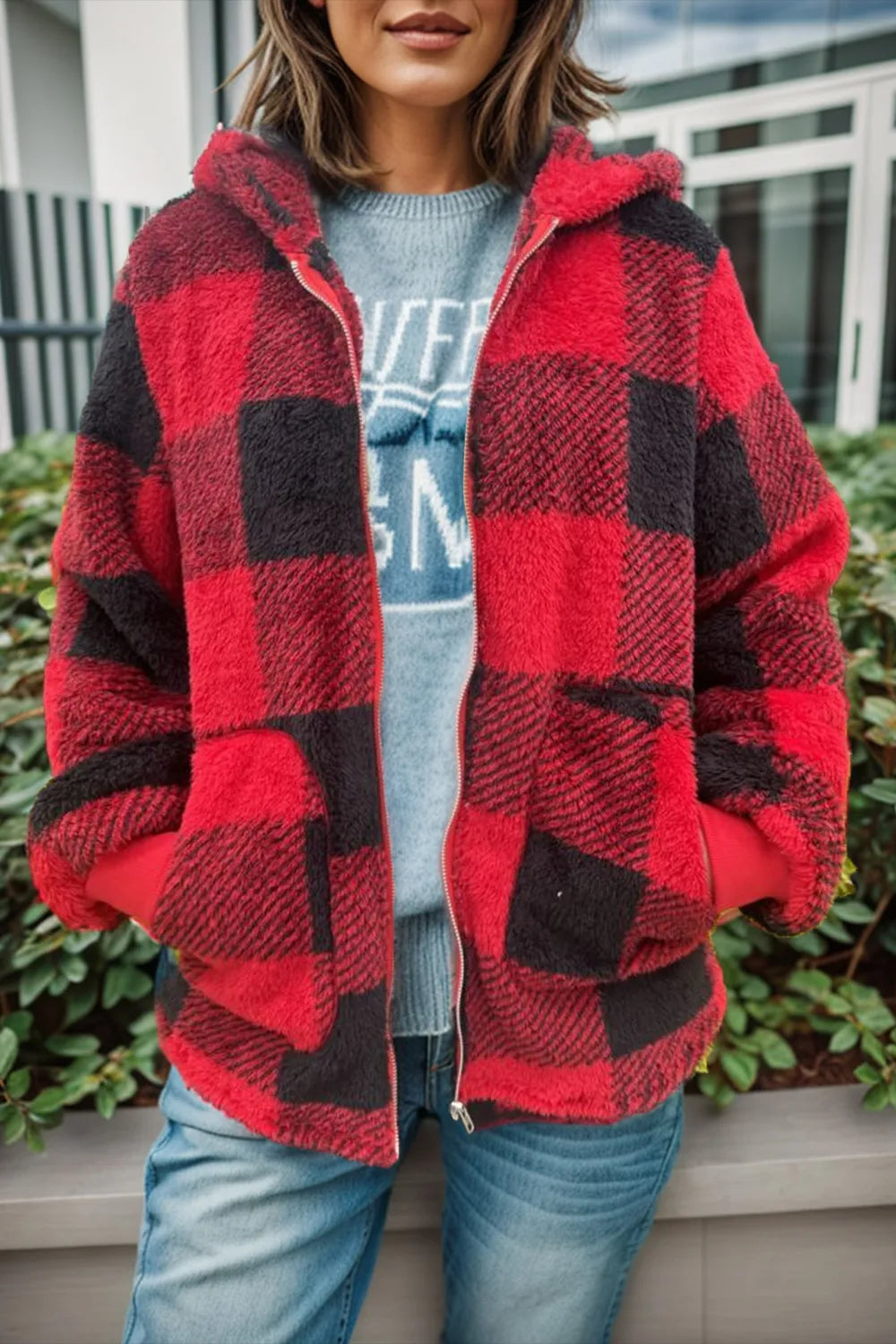 Double Take Full Size Plaid Long Sleeve Hooded Coat - Fashorio