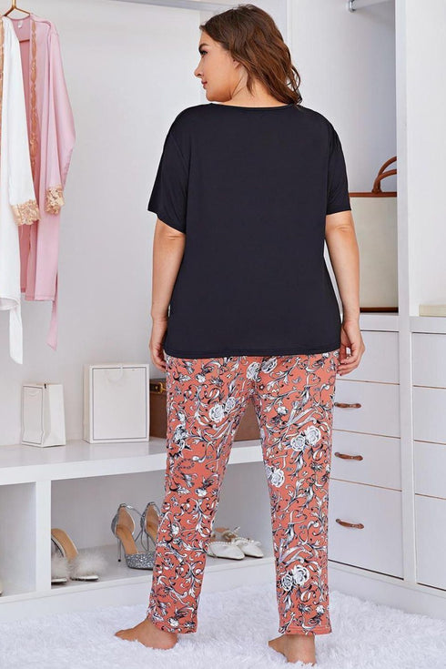 Plus Size Contrast Round Neck Tee and Floral Pants Lounge Set - Fashorio