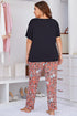 Plus Size Contrast Round Neck Tee and Floral Pants Lounge Set - Fashorio