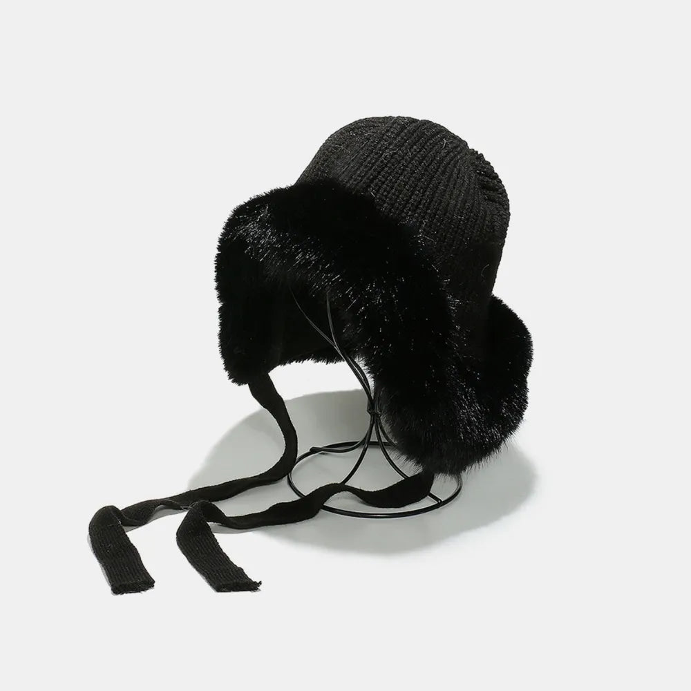 Thermal Tied Fuzzy Winter Hat Black One Size - Fashorio
