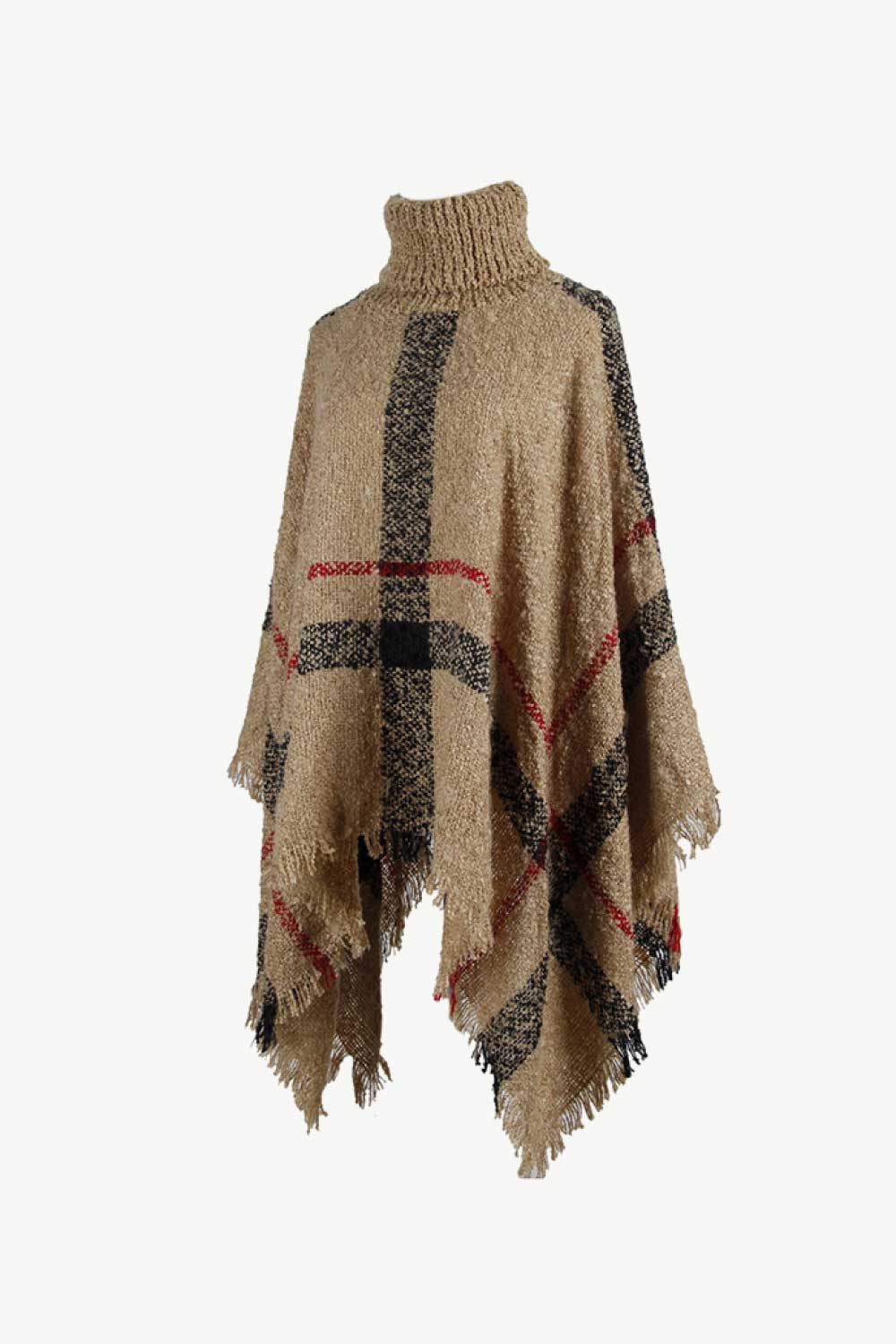 Plaid Turtleneck Raw Hem Poncho - Fashorio