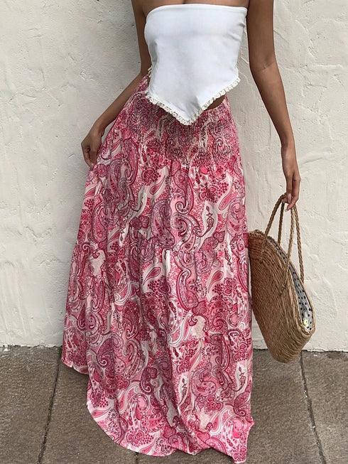 Smocked Printed Maxi Skirt - Fashorio