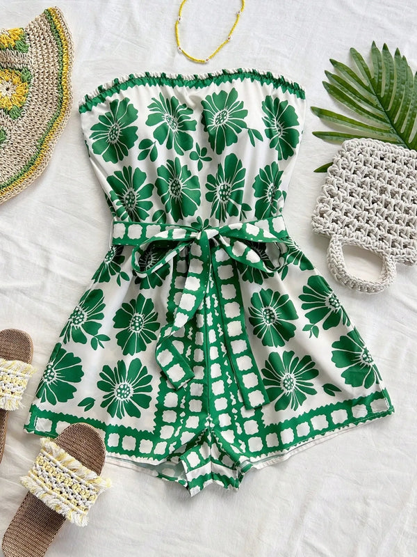Printed Tube Tie Waist Romper Green - Fashorio