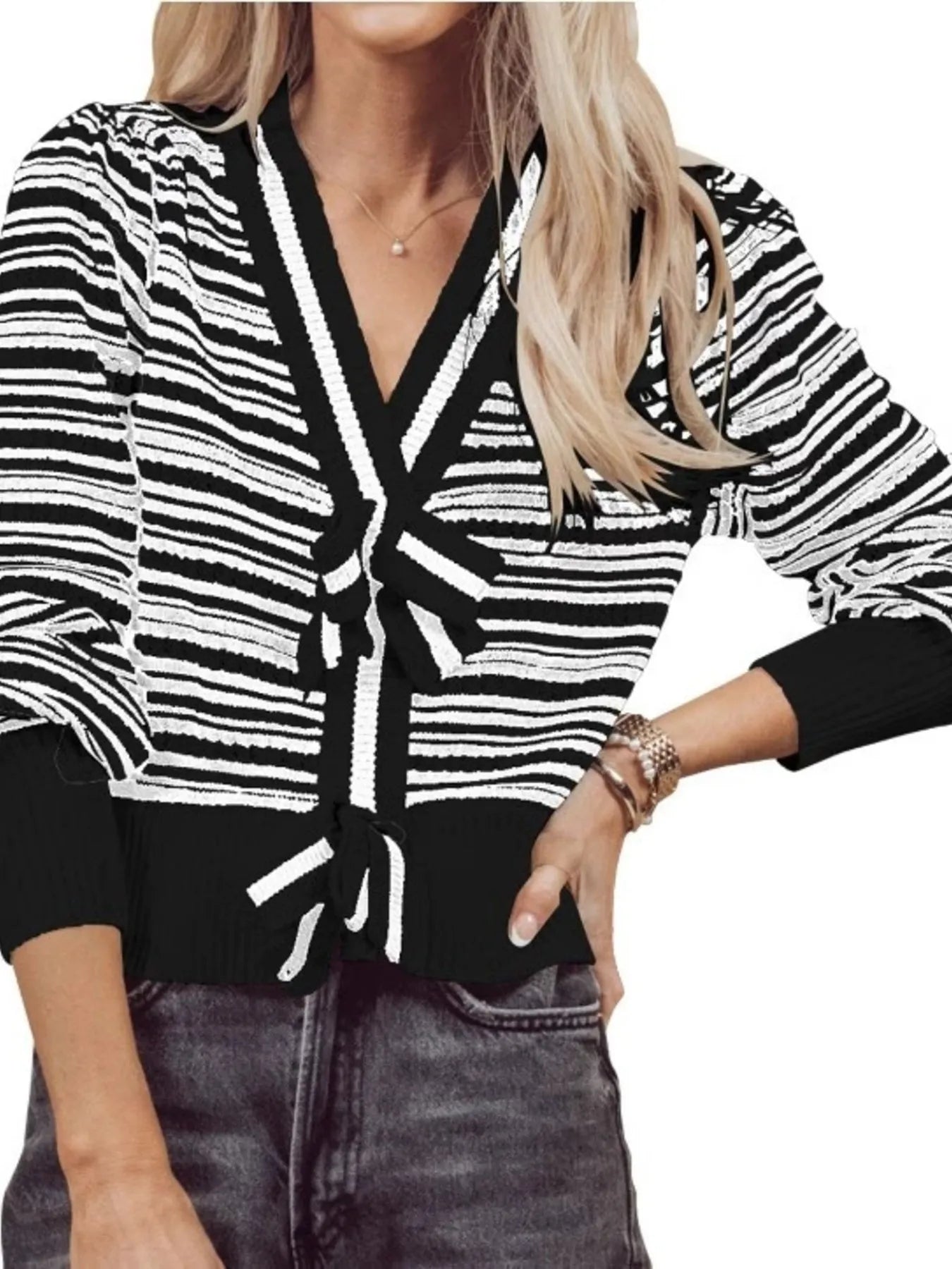 Striped V-Neck Tie-Front Cardigan Black - Fashorio