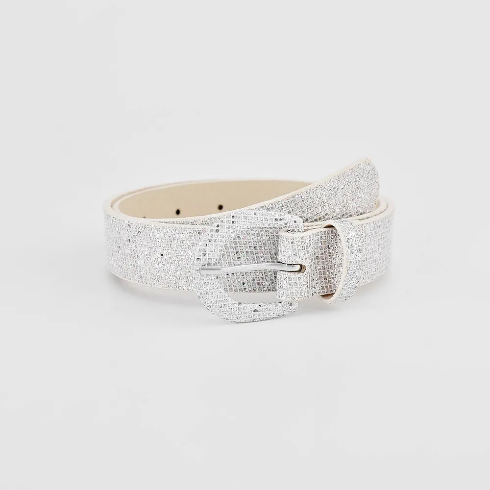 Sequin PU Leather Belt Silver - Fashorio