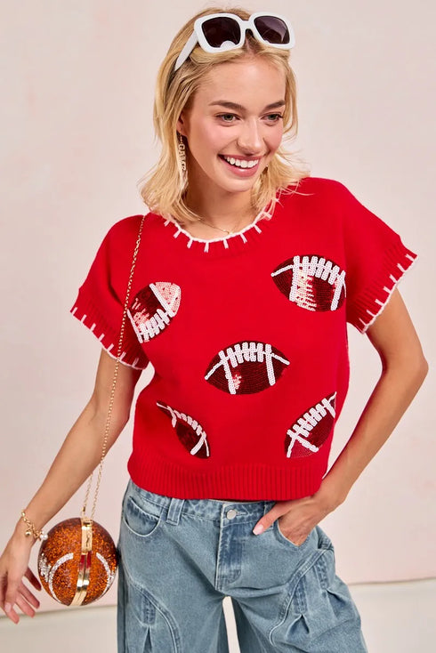 BiBi Gameday Sequin Football Embroidered Stitch Sweater - Fashorio