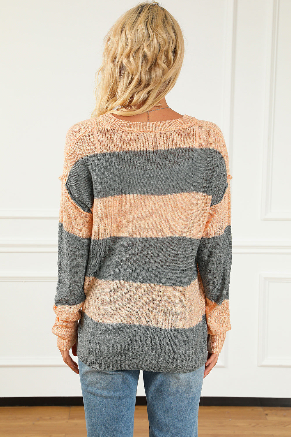 Striped Buttoned Dropped Shoulder Slit Sweater - Fashorio