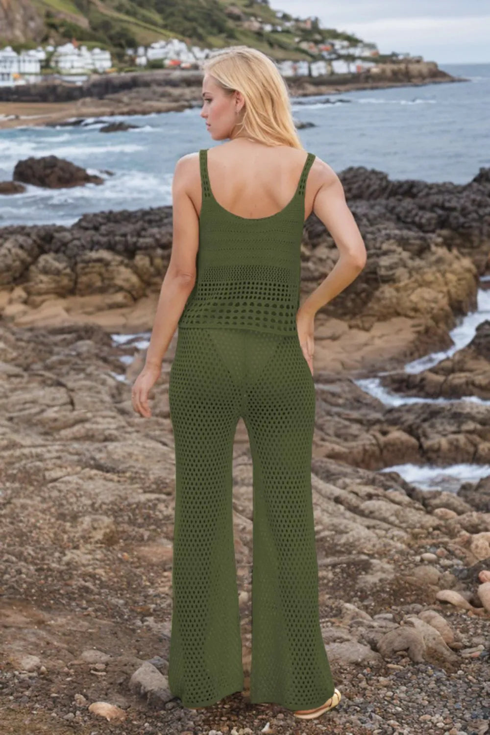 Hollow Out Round Neck Top and Pants Sweater Cover Up Set - Fashorio